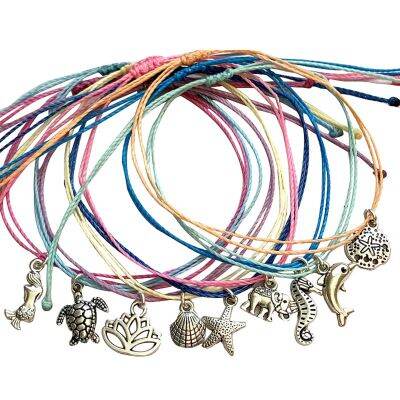 1 PCs Polyester Boho Bohemia Braided Anklet Antique Silver Color Multicolor Sea Turtle Animal Star Fish Adjustable 24 30cm