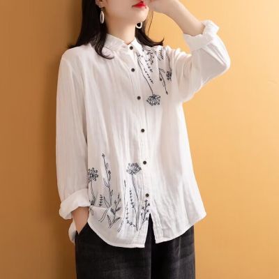 [Spot] white shirt for women 100% cotton coat women artistic long sleeve loose base shirt embroidered cardigan fashion 2023