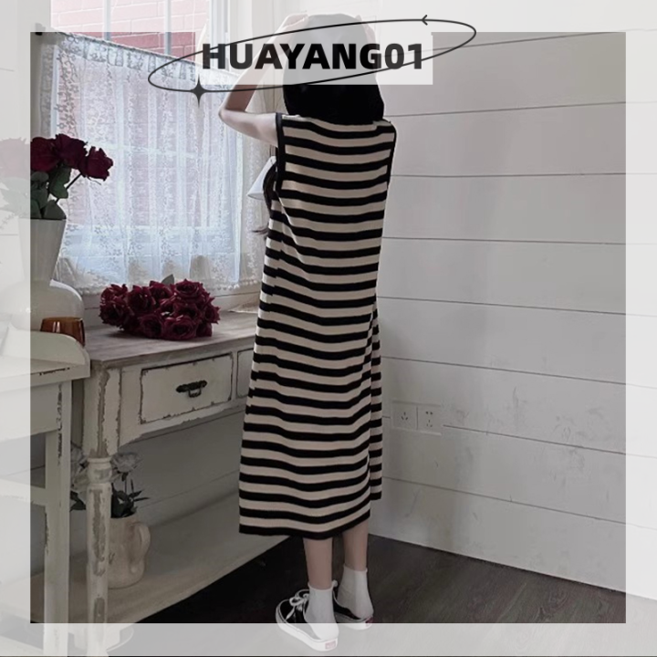 huayang01-2023-new-hot-fashion-lazlook-ชุดเดรสลายทางมีฮู้ดของผู้หญิงเดรสมิดิแขนกุดลำลองฤดูร้อน