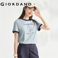 GIORDANO Women T-Shirts Flower Print Contrast Color Fashion Tee Summer Short Sleeve 100% Cotton Summer Casual Tshirts 05323406