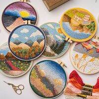 DIY Stamped Embroidery Kits for Beginners Landscape Pattern Needlework Cross Stitch Embroideried Frame Hoop Home Decoration 2022