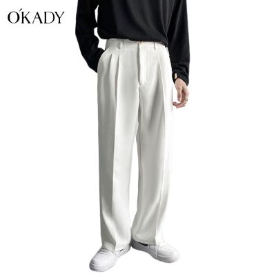 ❁ OKADY ฤดูใบไม้ผลิและฤดูใบไม้ร่วงใหม่สุทธิกางเกงสีแดงสีทึบตรงหลอดเวอร์ชั่นเกาหลีหลวมสบายๆเก้าจุดกางเกงนักเรียนขากว้างธุรกิจ pants