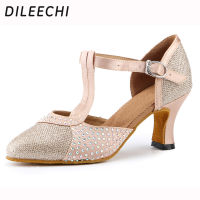 DILEECHI Rhinestone รองเท้าเต้นรำละตินผู้หญิงสีดำทองปิดนิ้วเท้าฤดูใบไม้ผลิหรือฤดูใบไม้ร่วงรองเท้าเต้นรำบอลรูม7.5เซนติเมตรส้นสูง