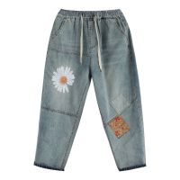 Large  Size M-3XL Womens Spring Summer Floral Embroidered Cropped Jeans Elastic Waist Vintage Denim 7/10 Pants