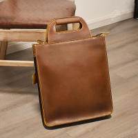 Vintage Natural Crazy Horse Leather Vertical Briefcase Genuine Leather Men A4 Document Bag Handbag