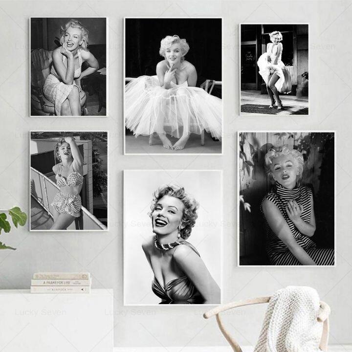 marilyn-monroe-โปสเตอร์วินเทจพิมพ์-ผ้าใบผนังสีดำและสีขาวสำหรับตกแต่งบ้าน