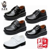 Boys leather shoes childrens boys shoes pure black and white students small middle and big childrens school tying shoelaces casual leather shoes