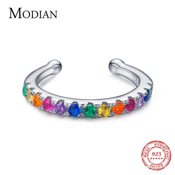 modian-1-pcs-ear-cuff-real-925-sterling-silver-rainbow-zirconia-elegant-fashion-clip-earrings-for-women-statement-jewelry-gifts