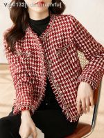 ✔ sdeifhruhvfu Vimly-Jaqueta elegante de tweed feminina casaco xadrez vermelho curto gola redonda chique com borla roupas inverno novo outwear V7611