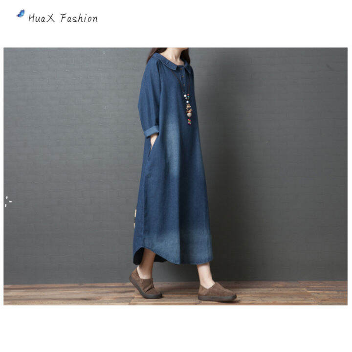 huax-women-denim-shirt-dress-fashion-clothing-lapel-long-sleeves-a-line-skirt-loose-large-size-midi-skirt