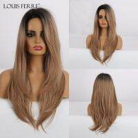 LOUIS FERRE Long Straight Side Part Synthetic Hair Wigs Ombre Black Light Brown Wigs for Black Women Afro Heat Resistant Fiber Gift ของขวัญ