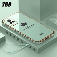 YBD เคสโทรศัพท์เคลือบขอบตรงสำหรับ Vivo V21,เคสป้องกันกล้องที่แม่นยำ V21 5G ลายใบเมเปิ้ลพร้อมสายคล้องฟรี