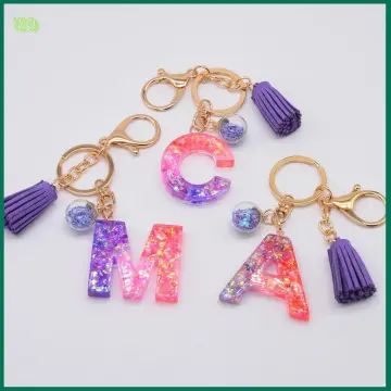 1pc Unisex Pink Glitter Alphabet Keychain With Tassel, Butterfly