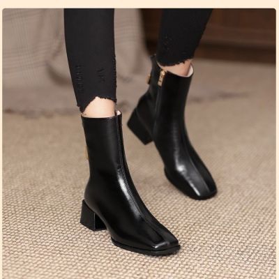 2022 Round Toe Autumn Winter Ankle Boots Cow Leather Zipper Fashion Women Shoes Square Heel Motorcycle Boots Size 34-40