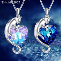 ✌❍ Exquisite Lovely Heart Shaped Crystal Cat Womens Pendant Necklace Romantic Colorful Silver Plated Animal Necklace Birthday Gift