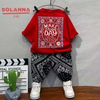 SOLANNA เสื้อเช็้ตเด็กชาย เสื้อผ้าเด็กผู้ชาย พิมพ์ลายแฟชั่นเกาหลี เสื้อยืดแขนสั้นผ้าฝ้ายระบายอากาศสำหรับเด็กผู้ชาย 23818