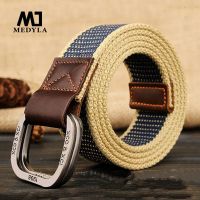 MEDYLA  Belts For Men Double buckle Striped Adult Casual Men Knitted  Belt Man Canvas Lengthen Strap Belts