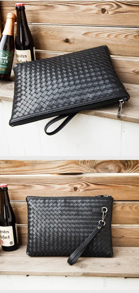 100% Cowhide Leather Men's Clutch Bag Luxury Brand Woven Leather