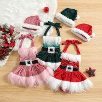 【cw】 FOCUSNORM 2pcs BabyChristmas Romper0 24MPlush Trim Patchwork Halterneck SleevelessTutu Jumpsuits