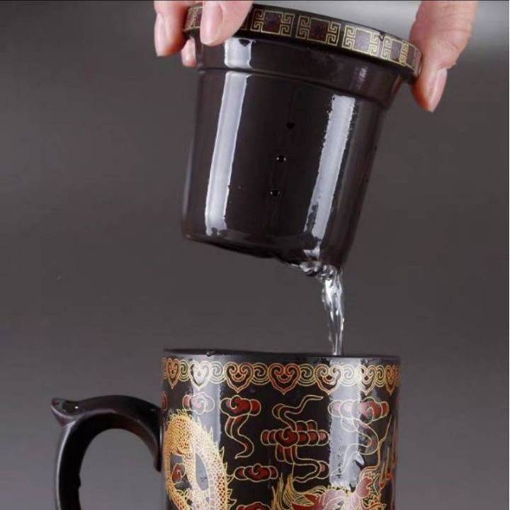 แก้ว-แก้วน้ำชา-งานดินปั้น-แก้วดินเผา-แก้วชงน้ำชา-แก้วน้ำชามีไส้กรองมีฝาปิดดินเผา-ดินปั้นสีดำ-ดิน