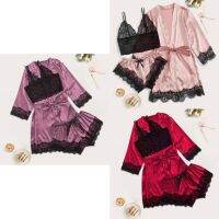 【Xiaobaide electronic】3ชิ้นเสื้อคลุมชุดนอนสตรีลูกไม้ซาตินชุดนอนชุดชุดคอ V Cami Nighties สวมใส่ Pijama บ้านชุดนอนฤดูใบไม้ผลิชุดนอน