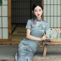 Cheongsam 2021ใหม่ยาวฤดูร้อนแคทวอล์สไตล์จีนภาพวาดหมึกโลตัสเก่าเซี่ยงไฮ้สไตล์ย้อนยุคนำเข้า Qipao ชุด