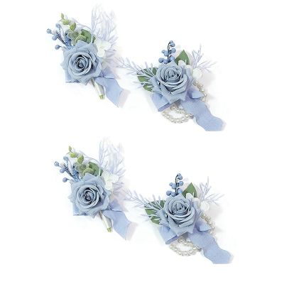 4PCS Dusty Blue Corsage and Boutonniere Set, Prom Artificial Flower Wrist Corsage Bracelets