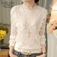 New Arrival 2022 Autumn Women Blouses Long Sleeve Fashion Casual Chiffon Shirts Stand Floral Lace Blouses Plus Size Tops 07F 25