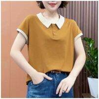 momai momai เสื้อยืดสีสันสดใหม่สำหรับฤดูร้อน มีคอสีสวยงาม ดูเป็นกันเอง แฟชั่นเพื่อสาวให้ดูเรียบร้อย อ่อนโยน