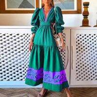 【CW】♘❃❐  New Boho 2022 Fashion V-Neck Temperament Puff Sleeve Hollow Out Waist Patchwork Pleat