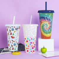 Bouteille deau en plastique réutilisable avec couvercle paille standard décoloration créative en cas de clics froids gobelet portable tasse à café et à jus 710ml