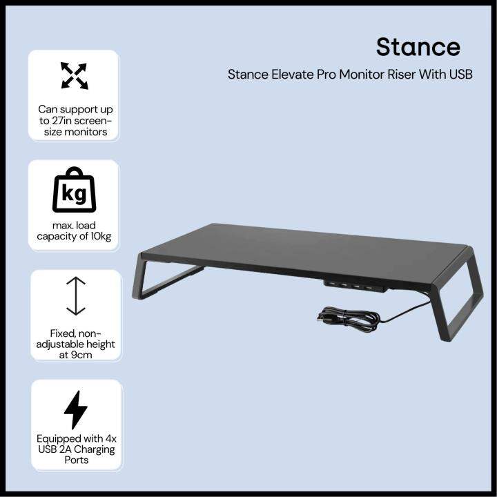 Stance Elevate Pro Monitor Riser Stand for Desk with 4 USB Ports- Space ...