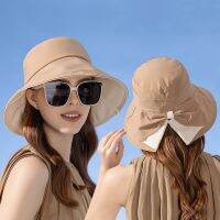 Summer Two-Tone Bucket Hat For Women Breathable Soft 10Cm Wide Brim Sun Cap Large Bowknot Elegant Ladies Top Hat Gift For Mother