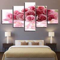 ชุดรูปภาพผ้าใบ5ชิ้นภาพพิมพ์ HD Wall Art พร้อมช่อกุหลาบสีชมพูเหมาะสำหรับตกแต่งห้องนั่งเล่นพื้นที่ธีมดอกไม้และไม่ต้องใช้กรอบ