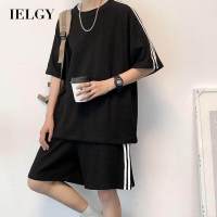 IELGY เสื้อทีเชิ้ตคอกลมสไตล์ฮ่องกงสำหรับผู้ชาย,เสื้อสามบาร์ทรงหลวมผู้ชาย