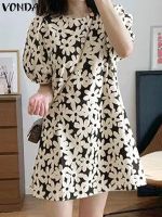 jkk 2023 Fashion Short Puff Sleeve Floarl Printed Beach Vestidos Oversized Robe