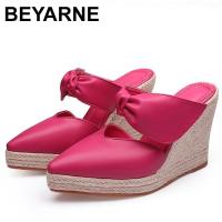 【YP】 Wedge Shoes Heel Thick Bottom Pointed Toe Espadrilles Female Bow Hemp Rope Large Size