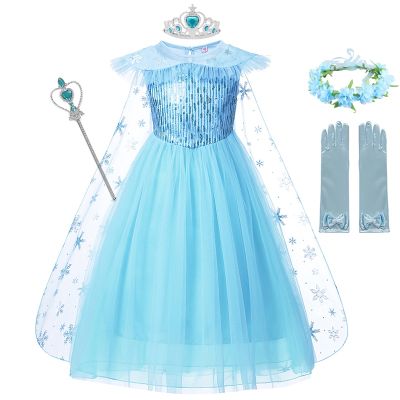 Girls Frozen Elsa Cosplay Dress Fancy Costume Girl Snow Queen Halloween Birthday Party Children Princess Clothes Cloak