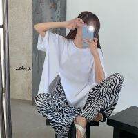 COD SDFERTGRTYTYUYU Summer New Suit Womens Korean-Style Loose Split Short SleeveTT-shirt All-Match Fashion Zebra Print Wide Leg Pants Two-Piece Set