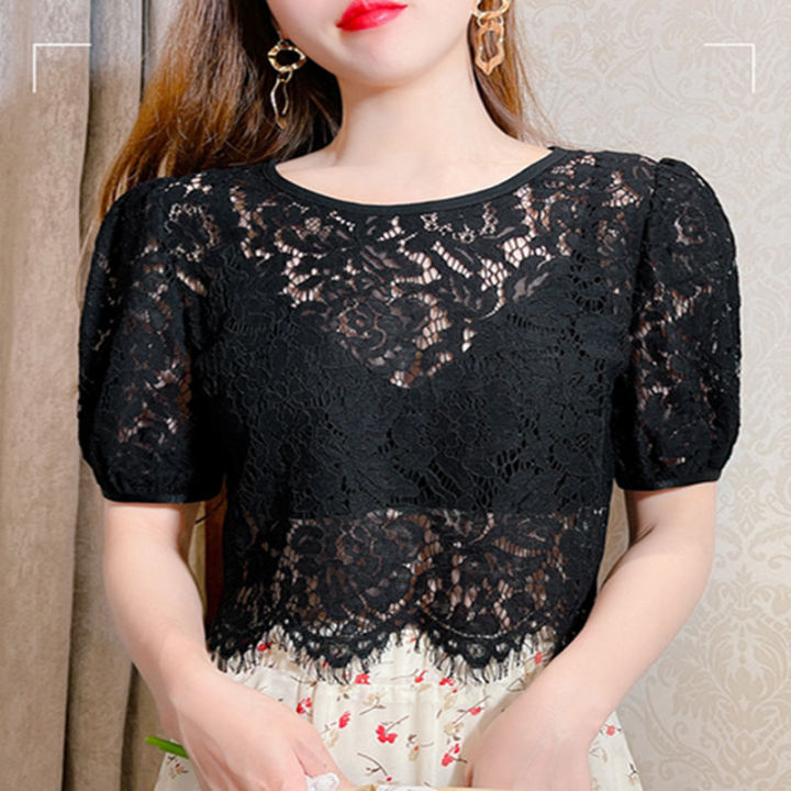 เสื้อยืดสตรีสีทึบสลิมมิ่งฉบับภาษาเกาหลีเสื้อยืดลูกไม้กลวงเสื้อเอวลอย