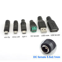 USB Mini 5pin A Male Female Mirco Type C to dc female Connector 5.5x2.1mm Power charger converter Adapter Jack Plug for Laptop WB6