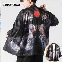 LINSHU เสื้อลายมังกรฤดูร้อนสไตล์โบราณบุรุษน้ำแข็งไหมพรมคาร์ดิแกนปรับปรุง จีน เสื้อคลุม เสื้อกันหนาว