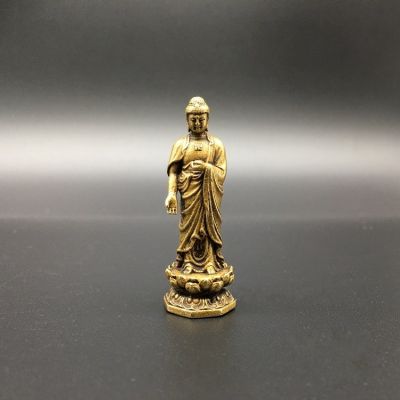สะสมทองเหลืองจีนแกะสลักพระพุทธรูป Sakyamuni รูปปั้นขนาดเล็กที่สวยหรู ~