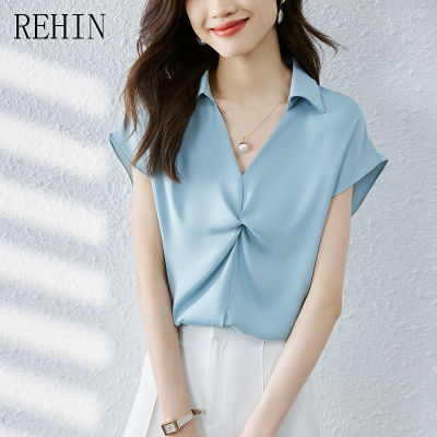 REHIN เสื้อแฟชั่นสไตล์เกาหลีแบบใหม่คอวีของผู้หญิง,เสื้อผู้หญิงสีทึบผ้าซาตินบางหรูหราแขนสั้นฤดูร้อน