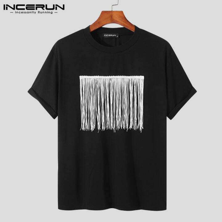 incerun-เสื้อแขนสั้นมีพู่ด้านหน้าสำหรับผู้ชายเสื้อยืดวันหยุดทรงหลวมมีสไตล์ฮิปฮอป-ลดล้างสต๊อก