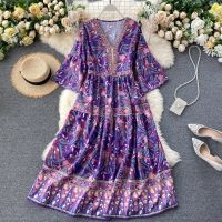 COD DSFGRDGHHHHH Ethnic Style women vintage print v-neck loose plus-size dress floral Beach dress