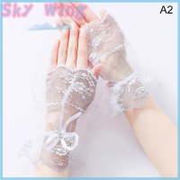 Sky Wing กำไลข้อมือลูกไม้สีดำสำหรับผู้หญิงสำหรับงานแต่งงานถุงมือแบบไม่มีนิ้วติดโบว์พลอยเทียม