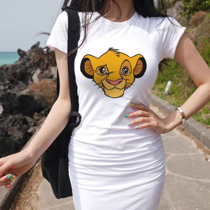 disney-brand-summer-womens-new-korean-temperament-lion-king-print-dress-section-short-sleeved-waist-tight-sexy-bag-hip-dress