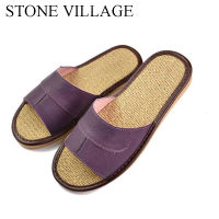 STONE VILLAGE Genuine Leather Summer Linen Slippers Women Men Slippers High Quality Cow Leather Slippers Indoor Home Slippers