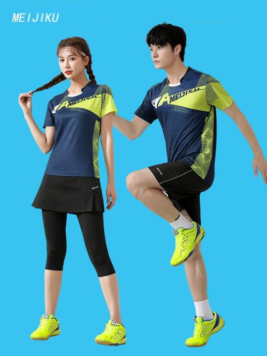 ชุดกีฬาคอกลมสำหรับทั้งหญิงและชายชุดแบดมินตัน-เสื้อผ้าเทนนิสโต๊ะปิงปองแขนสั้นแห้งเร็วการพิมพ์แบบกำหนดเองซื้อแบบกลุ่ม